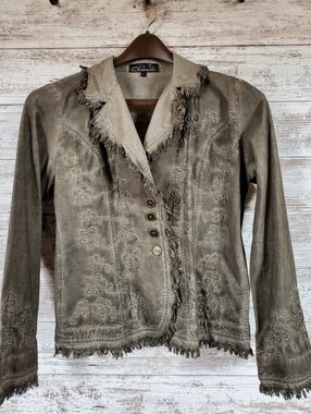 Giocam Peruvian Cotton Embroidered Jacket Fringe Stone Wash Boho 